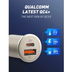 LDNIO Autós USB szivargyújtó töltő, 1xUSB-C, 1xUSB csatlakozóval, Quick Charge 4.0, 5V/3A/30W, ezüst