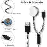 2 az 1-ben Lightning + Vezeték nélküli töltés, iPhone, iPad és Apple Watch töltőkábel, fehér-fekete