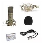 Professzionális kondenzátor stúdió mikrofon, vezetékes, Szélzaj-védő szivacs, Shock mount mikrofontartóval, aranybarna