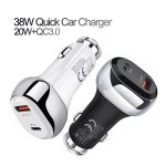Autós USB szivargyújtó töltő, 1xUSB-C, 1xUSB csatlakozóval, gyors töltés 5V/3A/38W, fekete/ezüst