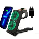 Vezeték nélküli töltő 3 az 1-ben, 15 W-os gyorstöltés, Apple Watch/AirPods/Okostelefon-nal kompatibilis, fekete