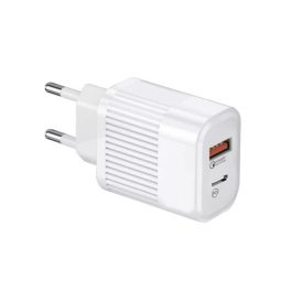   Univerzális hálózati töltő adapter KF-03, 2 port, 20W gyorstöltés, 1xUSB, 1xUSB-C, fehér