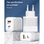 Univerzális hálózati töltő adapter KF-03, 2 port, 20W gyorstöltés, 1xUSB, 1xUSB-C, fehér