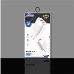 Univerzális hálózati töltő adapter KF-03, 2 port, 20W gyorstöltés, 1xUSB, 1xUSB-C, fehér