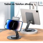 Asztali mobiltelefon és tablet állvány, alumínium, 360°-ban forgatható, összecsukható, szürke