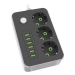 Hálózati Hosszabbító Elosztó, 3db földelt aljzat + 6db USB port, 2m kábel, 10A, 2500W, túlfeszültség védelem, fekete/szürke