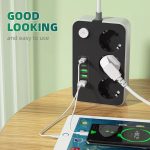 Hálózati Hosszabbító Elosztó, 3db földelt aljzat + 6db USB port, 2m kábel, 10A, 2500W, túlfeszültség védelem, fekete/szürke