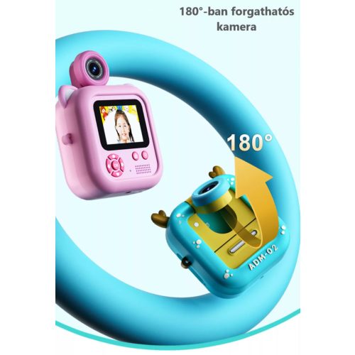 Digitális Kamera és Instant Fényképező Gyerekeknek, 180°-ban forgatható lencse, 2,4″ IPS kijelző, rózsaszín 