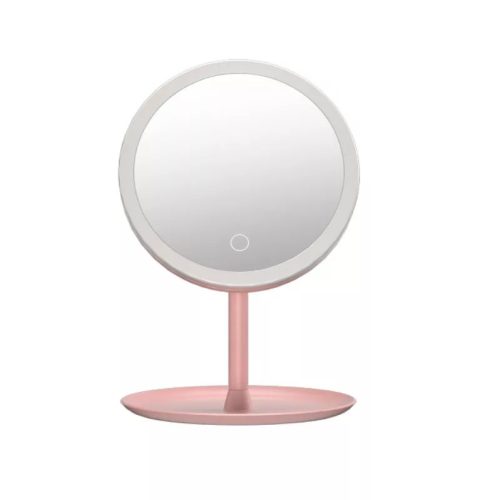 Professzionális LED-es kozmetikai tükör, sminkhez, 3 féle világítás, állítható fényerősséggel, érintő szenzoros, újratölthető akkumulátor, pink