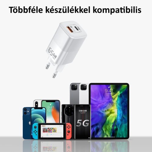Univerzális GaN hálózati töltő adapter, 50w gyorstöltés, 2 port, QC 3.0/PD/USB, túlterhelés elleni védelem, fehér
