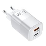 Univerzális GaN hálózati töltő adapter, 50w gyorstöltés, 2 port, QC 3.0/PD/USB, túlterhelés elleni védelem, fehér