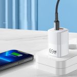 Univerzális GaN hálózati töltő adapter, 50w gyorstöltés, 2 port, QC 3.0/PD/USB, túlterhelés elleni védelem, fehér