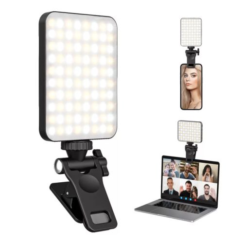 BOOYIIN® Hordozható LED szelfi világítás, mobiltelefonhoz/laptophoz, 360°-ban forgatható, állítható fényerő és színhőmérséklet, fekete