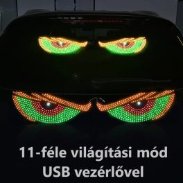   Dinamikus RGB "Ördögszemek" Autós LED Hangulatvilágítás – 11 Fényeffekt, Kétoldalú Ragasztós Rögzítés, 4m USB Kábel, piros/sárga/kék