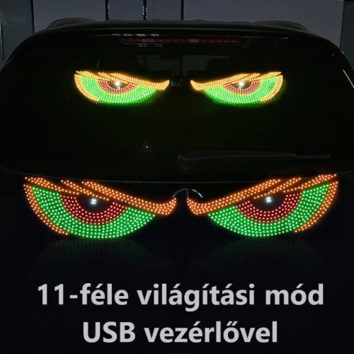 Dinamikus RGB "Ördögszemek" Autós LED Hangulatvilágítás – 11 Fényeffekt, Kétoldalú Ragasztós Rögzítés, 4m USB Kábel, piros/sárga/kék