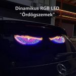 Dinamikus RGB "Ördögszemek" Autós LED Hangulatvilágítás – 11 Fényeffekt, Kétoldalú Ragasztós Rögzítés, 4m USB Kábel, piros/sárga/kék